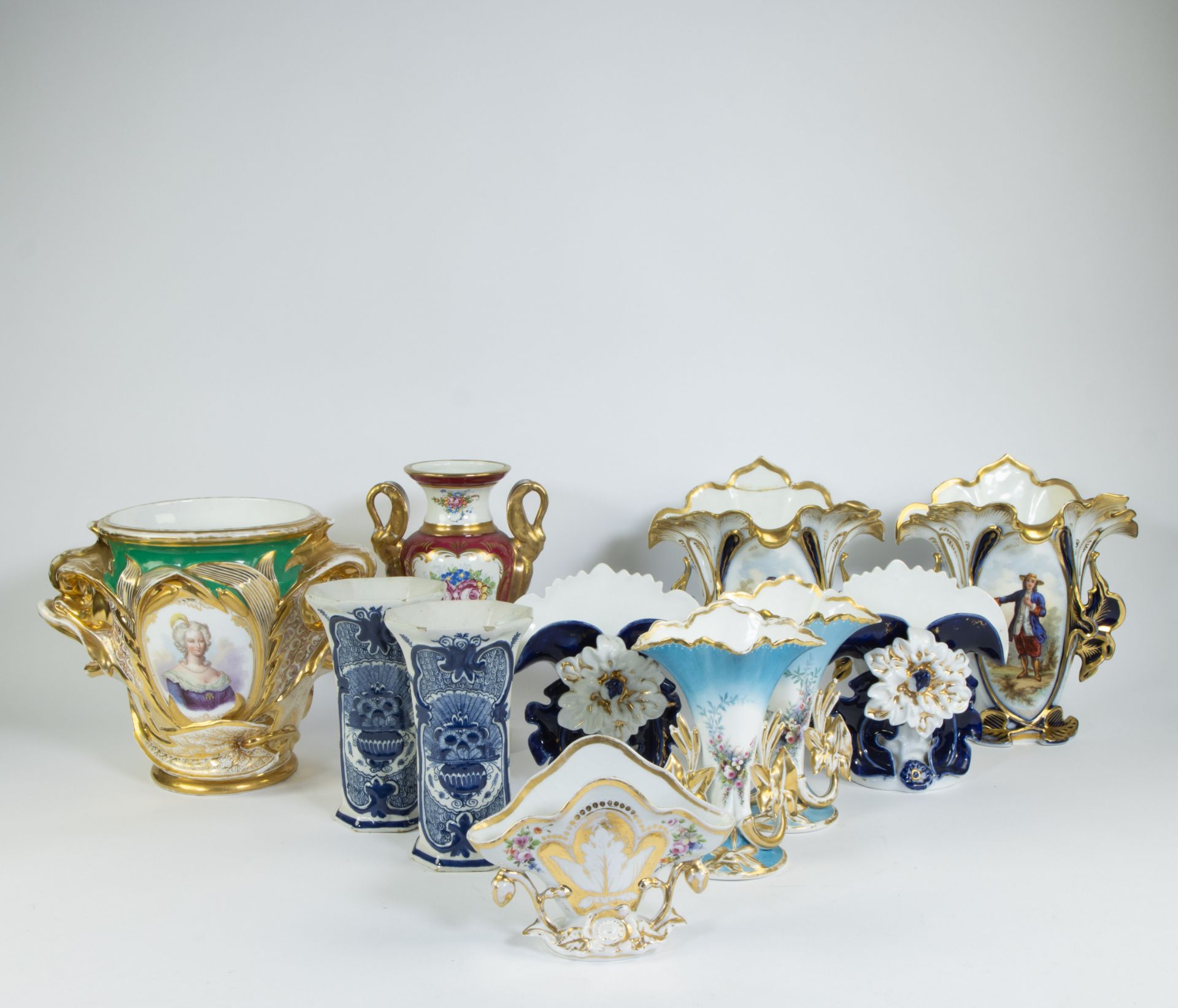 Large collection of porcelain and earthenware, a.o. a pair of Delft vases, porcelaine de Bruxelles ,