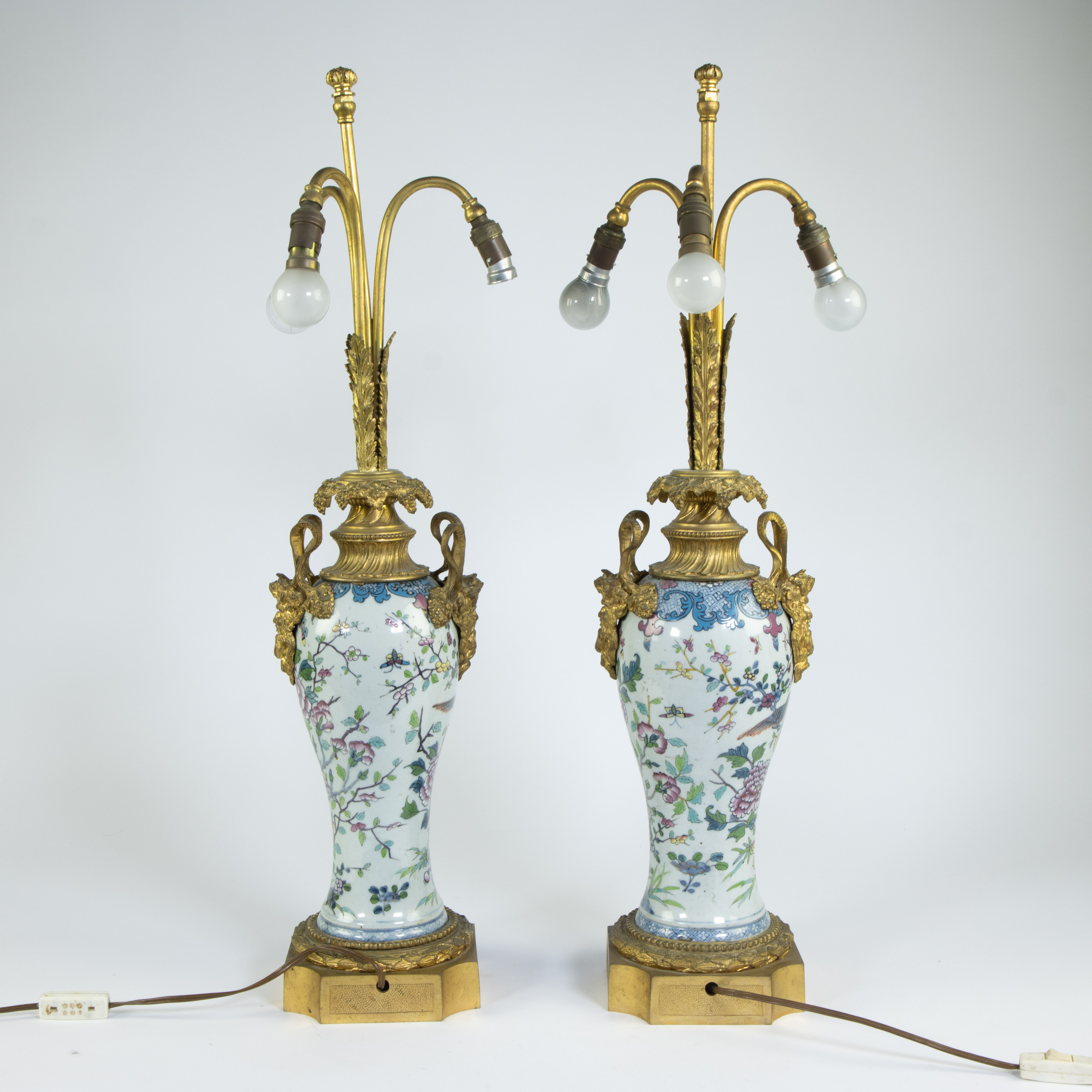 Pair of Chinese famille rose vases transformed into lampadaires with gilt bronze mounts, 19th centur - Image 3 of 4