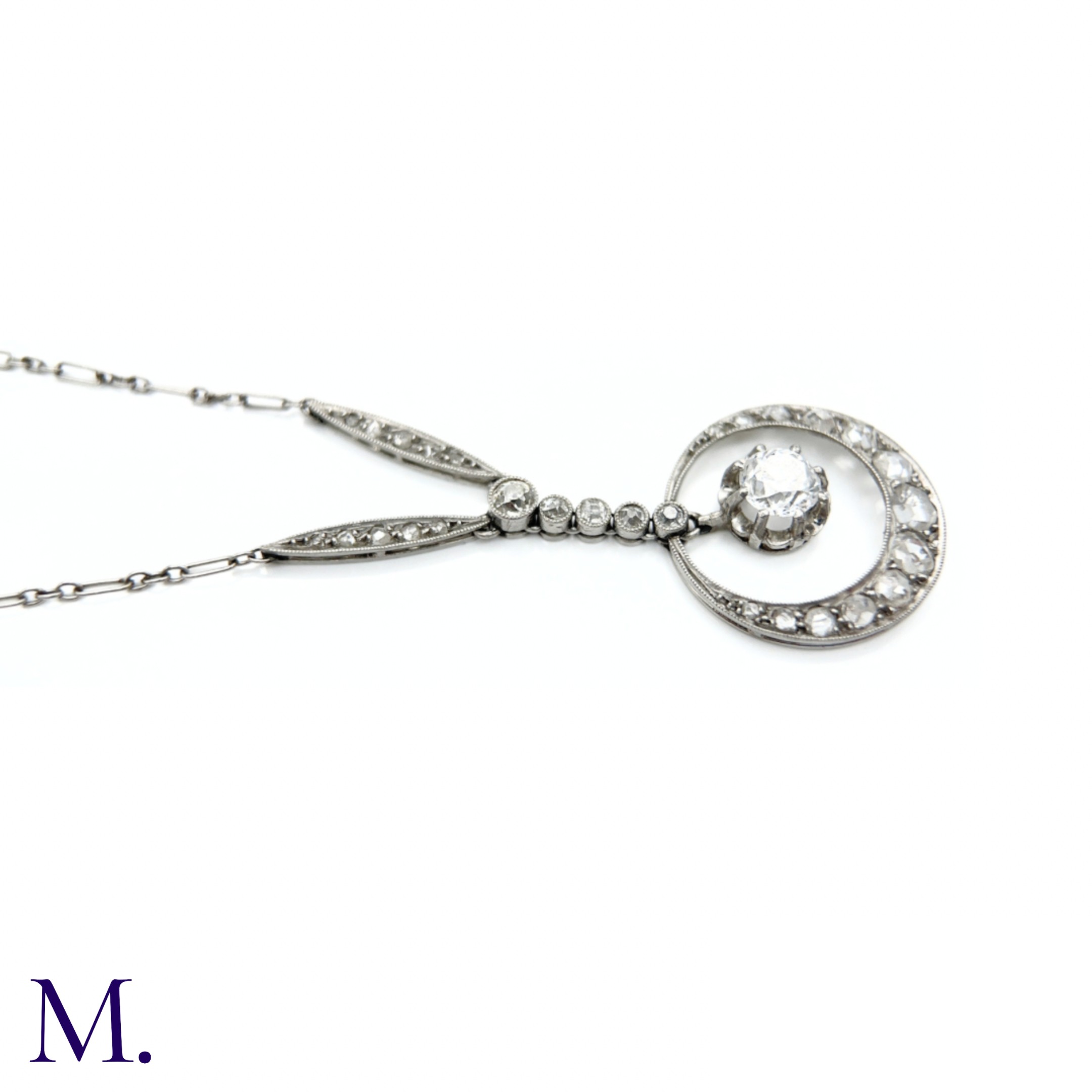 An Art Deco Diamond Crescent Pendant Necklace - Image 6 of 9