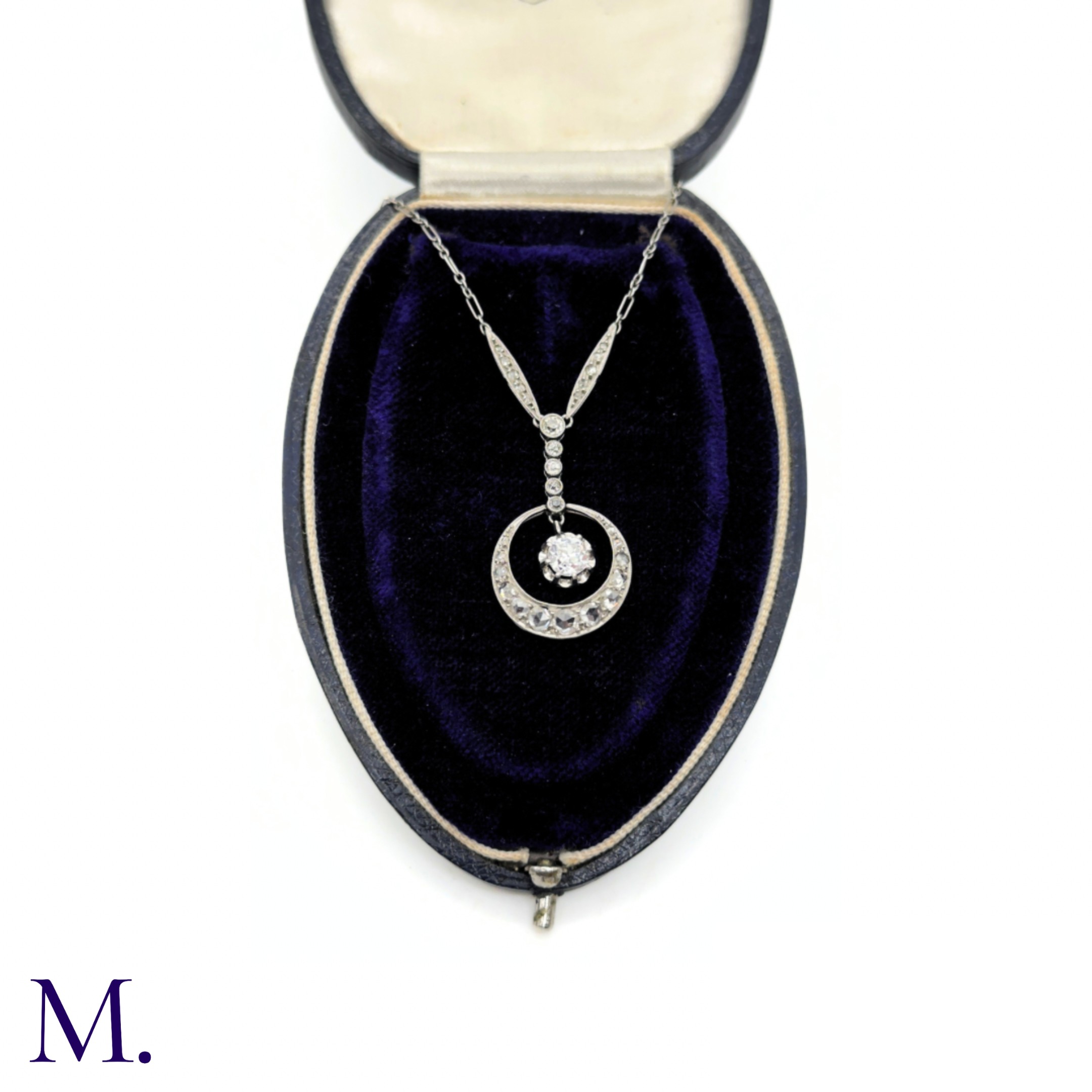 An Art Deco Diamond Crescent Pendant Necklace - Image 3 of 9