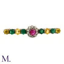 An Antique Diamond, Ruby, Emerald and Yellow Sapphire Brooch