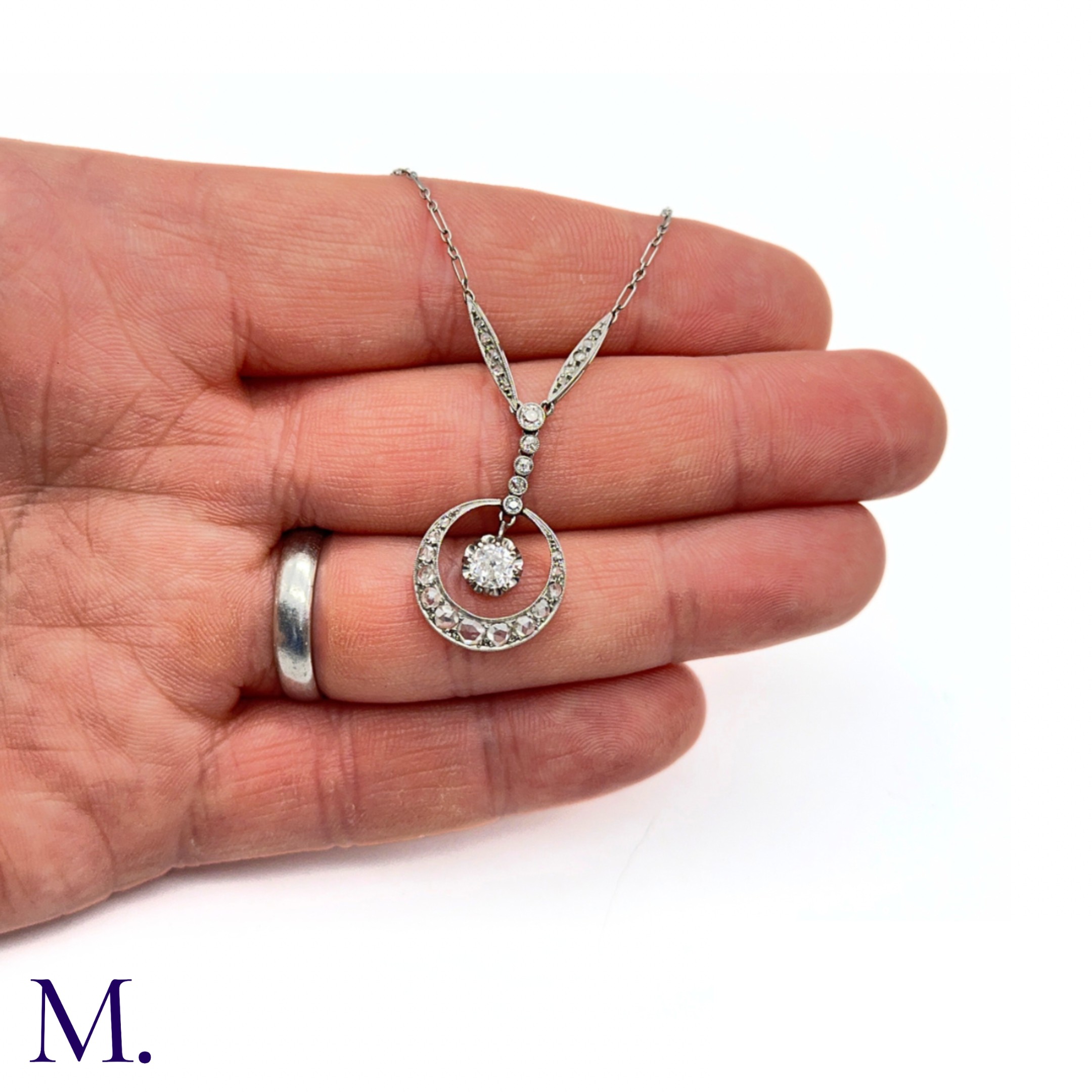 An Art Deco Diamond Crescent Pendant Necklace - Image 4 of 9
