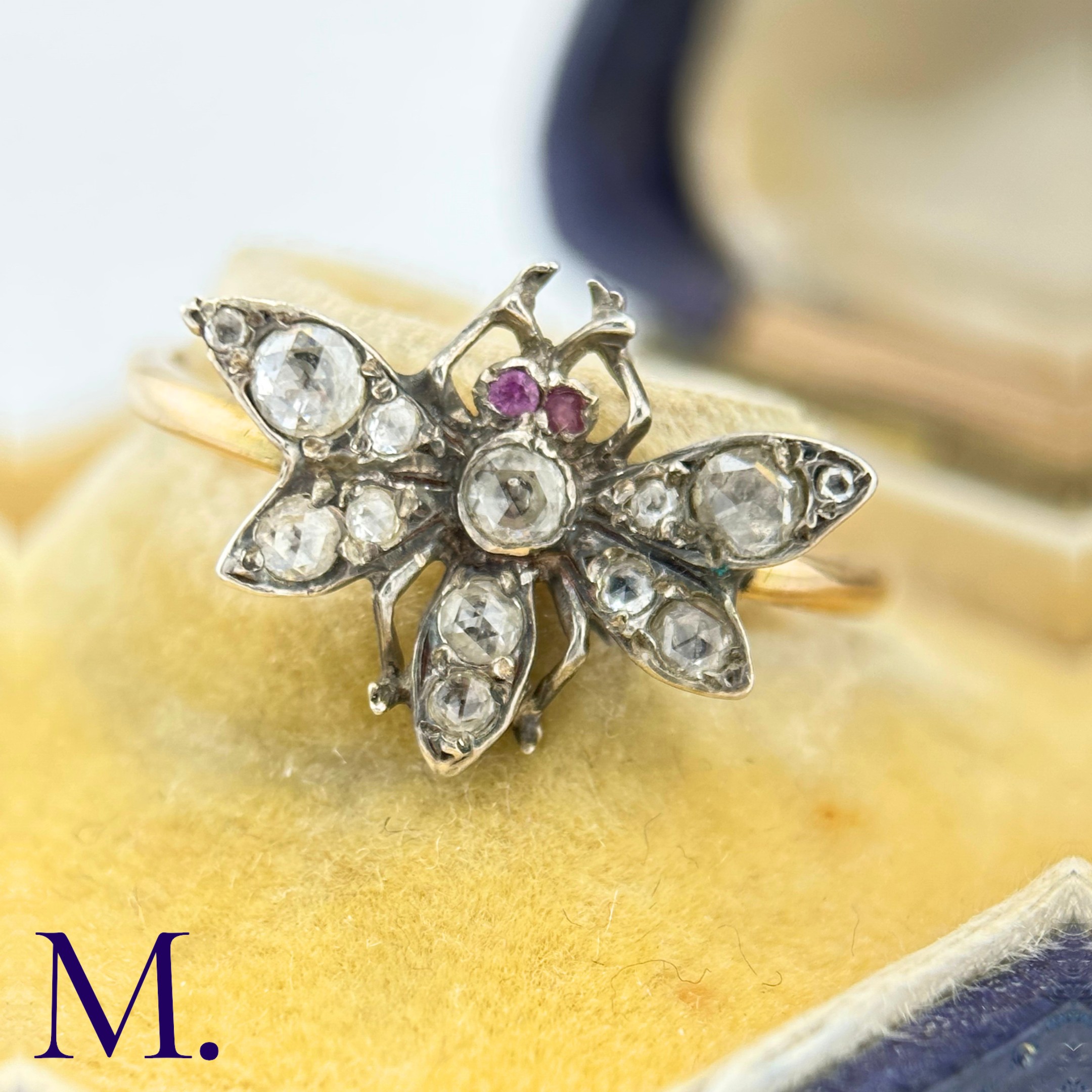 An Antique Diamond Insect Ring The yellow gold band is set with a winged insect set with old cut - Image 2 of 6