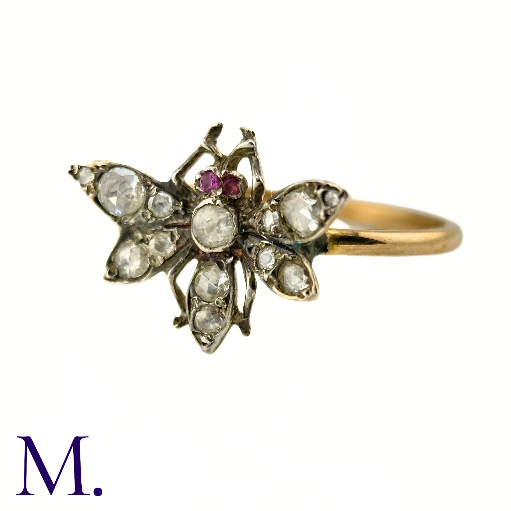 An Antique Diamond Insect Ring The yellow gold band is set with a winged insect set with old cut - Image 5 of 6