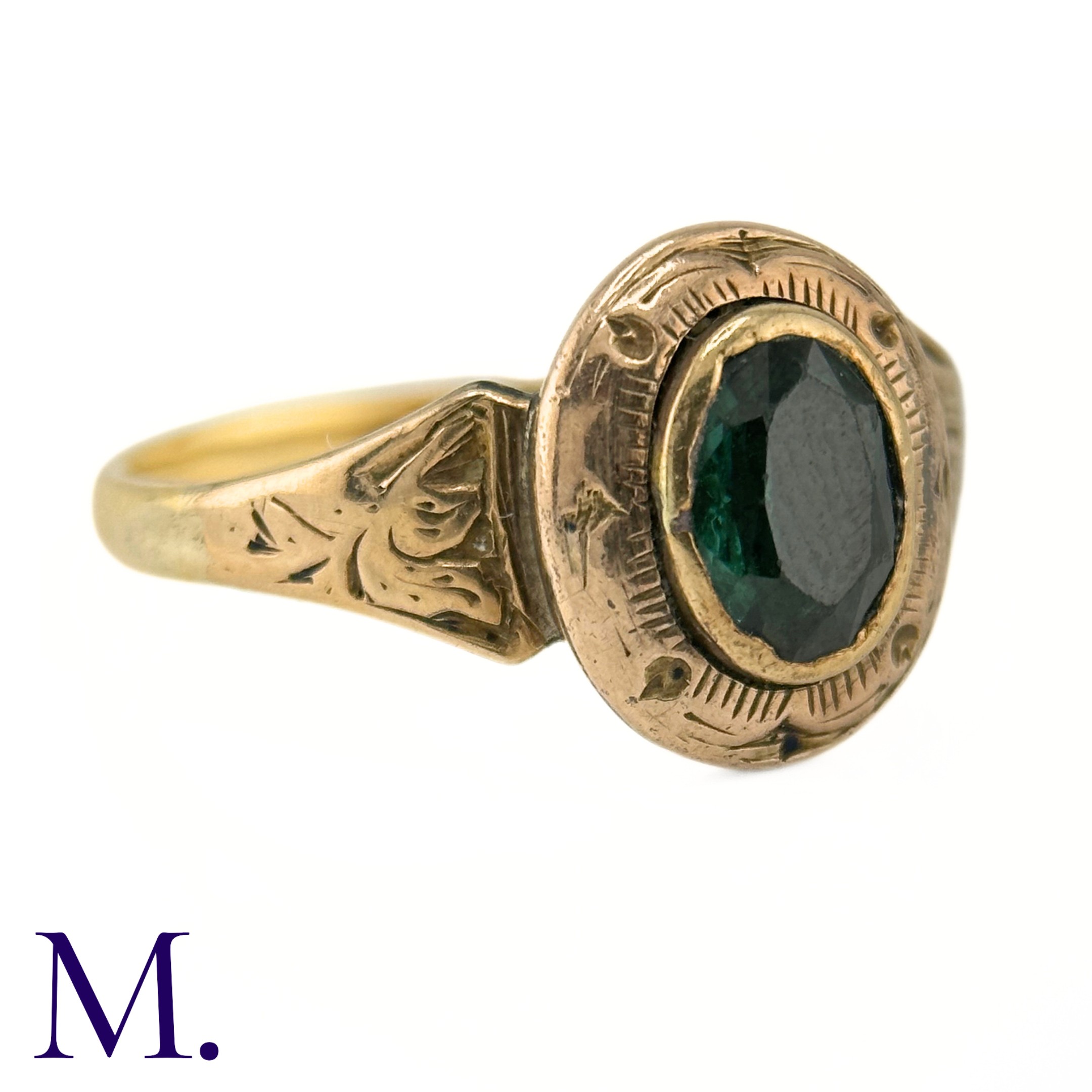 An Antique Green Tourmaline Ring The gold ring is set with an oval green tourmaline and the band and - Image 4 of 6