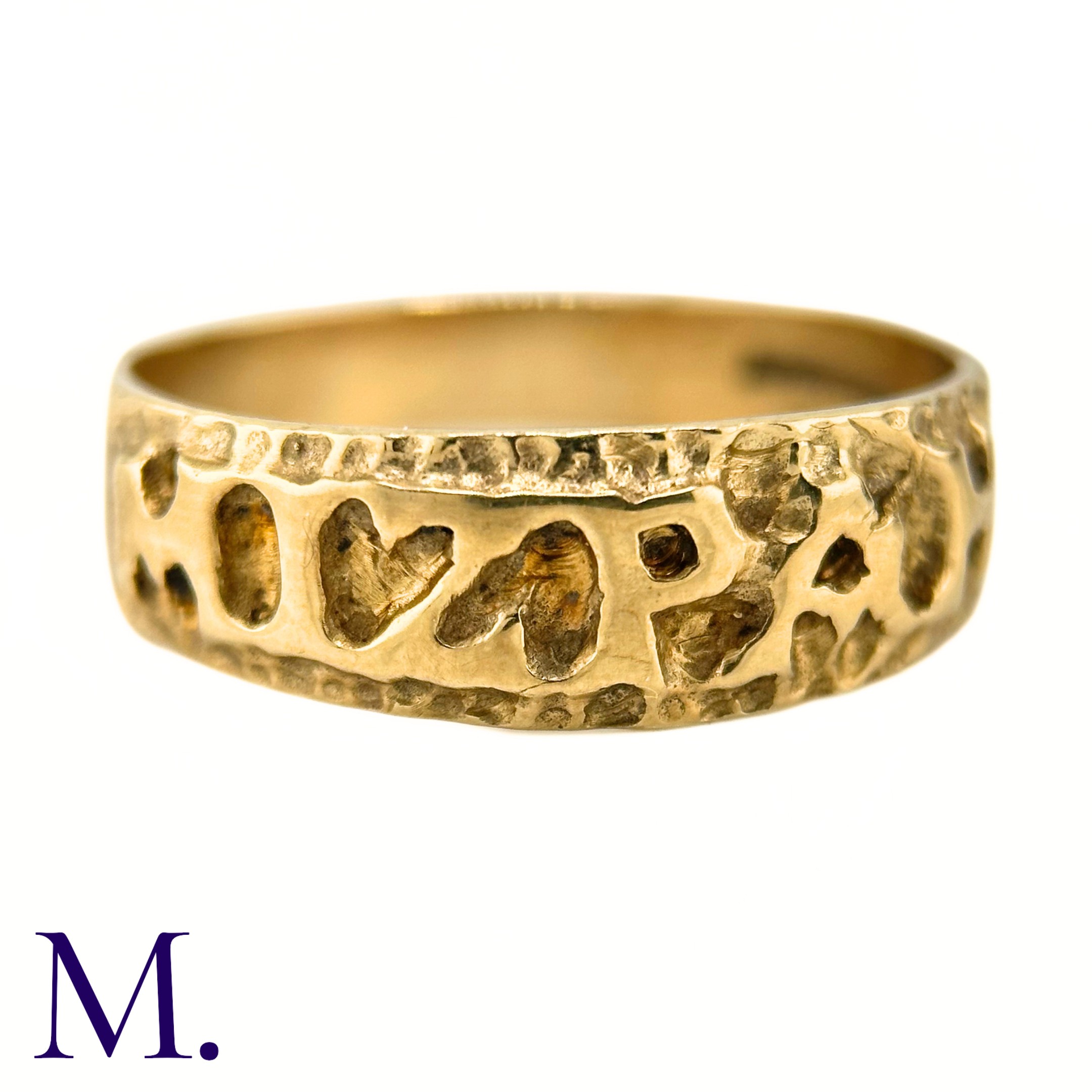 A 9ct Gold Mizpah Ring The 9ct yellow gold ring is embossed to the front with the word 'mizpah'.