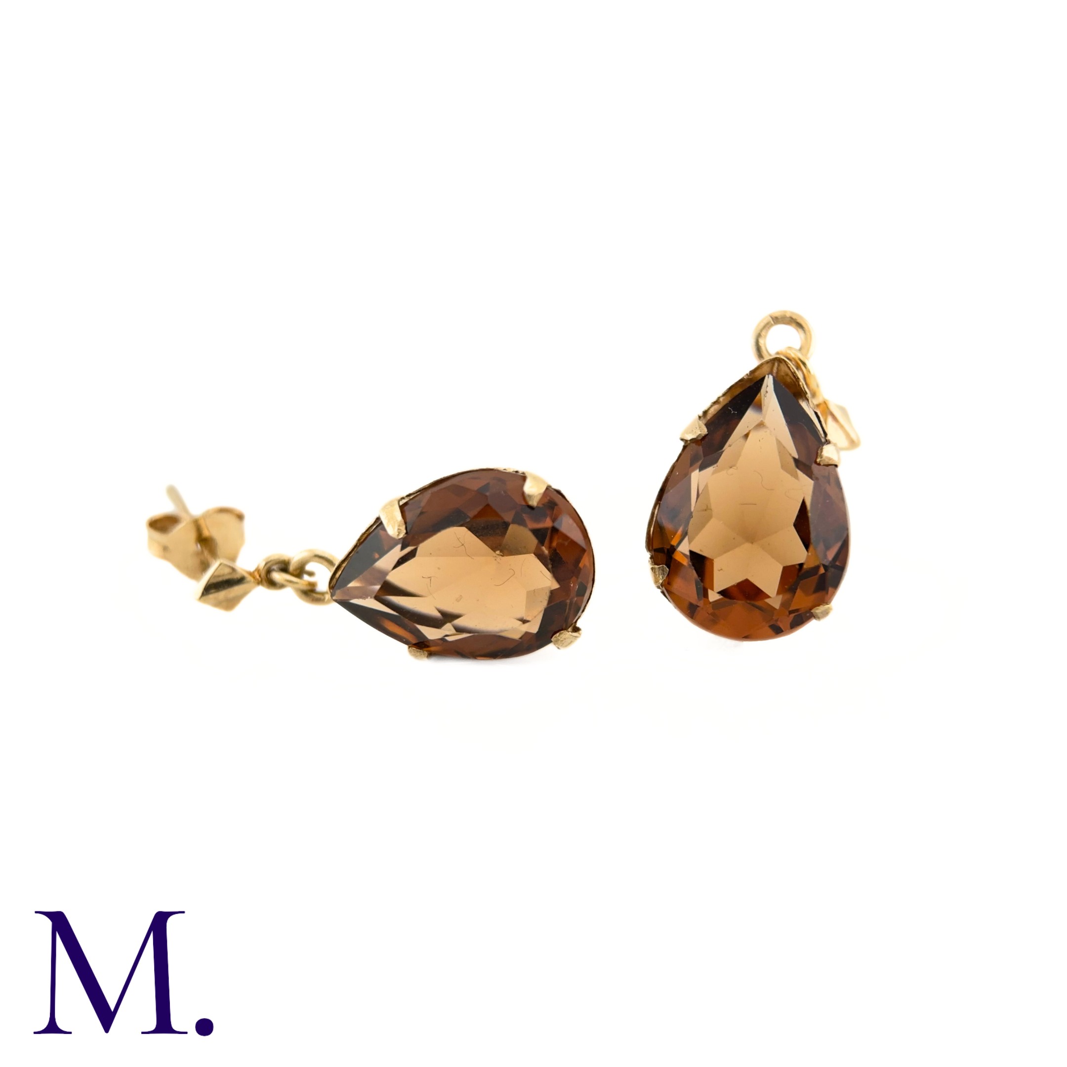 A Pair of Gemstone Earrings The 9ct yellow gold earrings are set with a burnt orange-brown pear- - Image 2 of 4