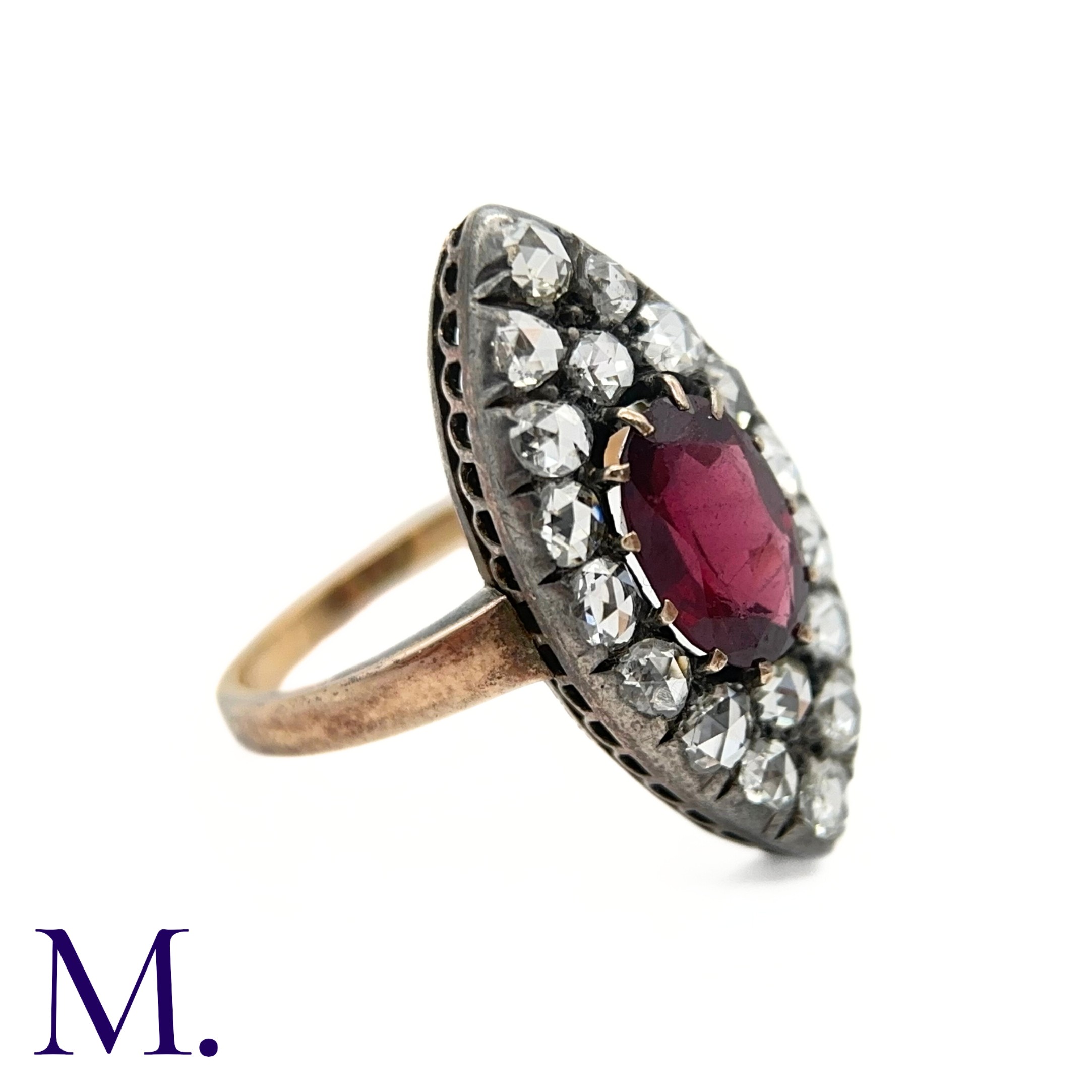An Antique Garnet and Rose Diamond Marquise Ring The marquise-shaped ring is set with a deep - Image 2 of 3