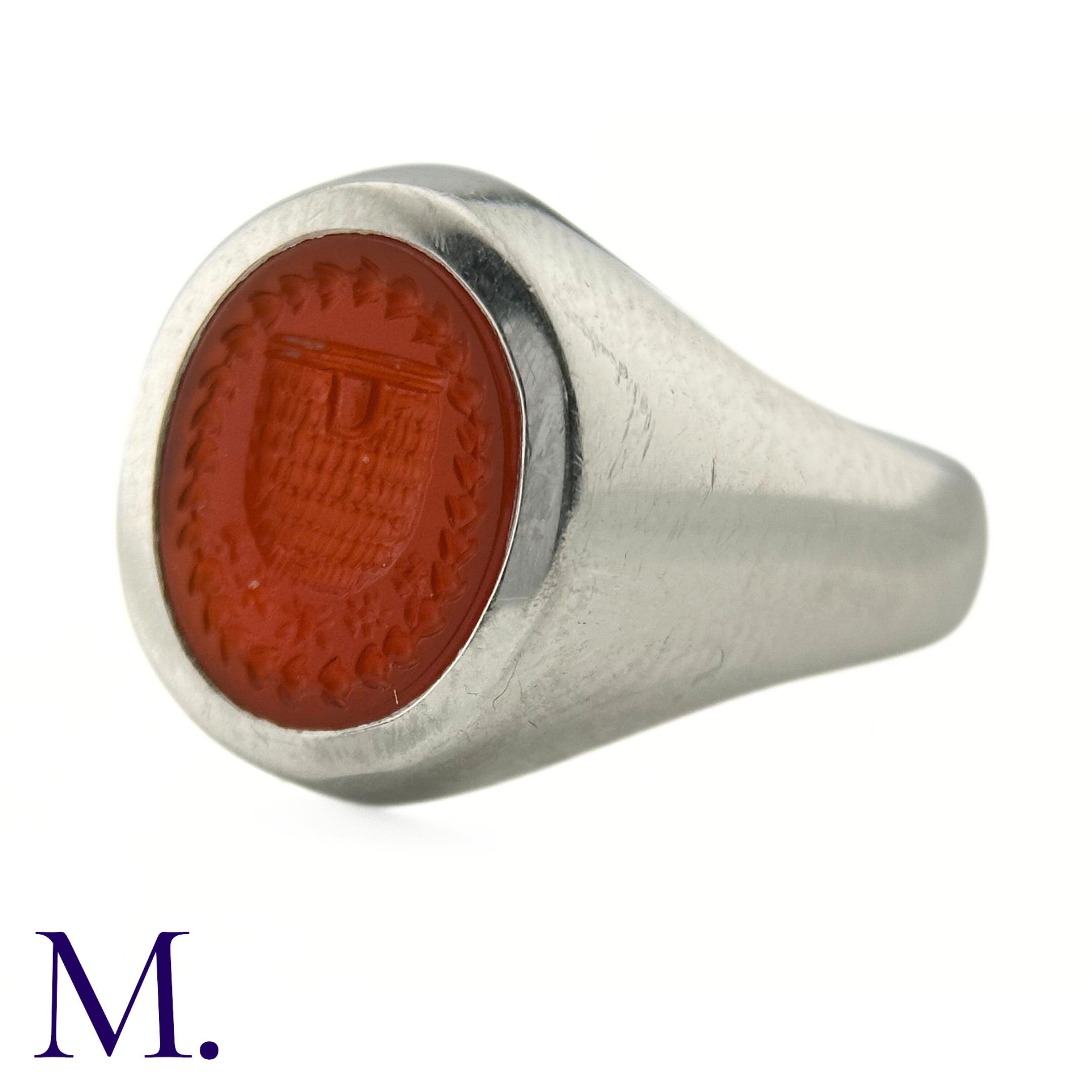 A Platinum and Carnelian Signet Ring The platinum ring is set with a carved oval-shaped carnelian - Image 3 of 5
