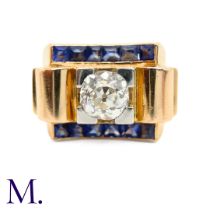 A Sapphire and Diamond Tank Ring The 18ct yellow gold French tank ring from the 1950s is set with