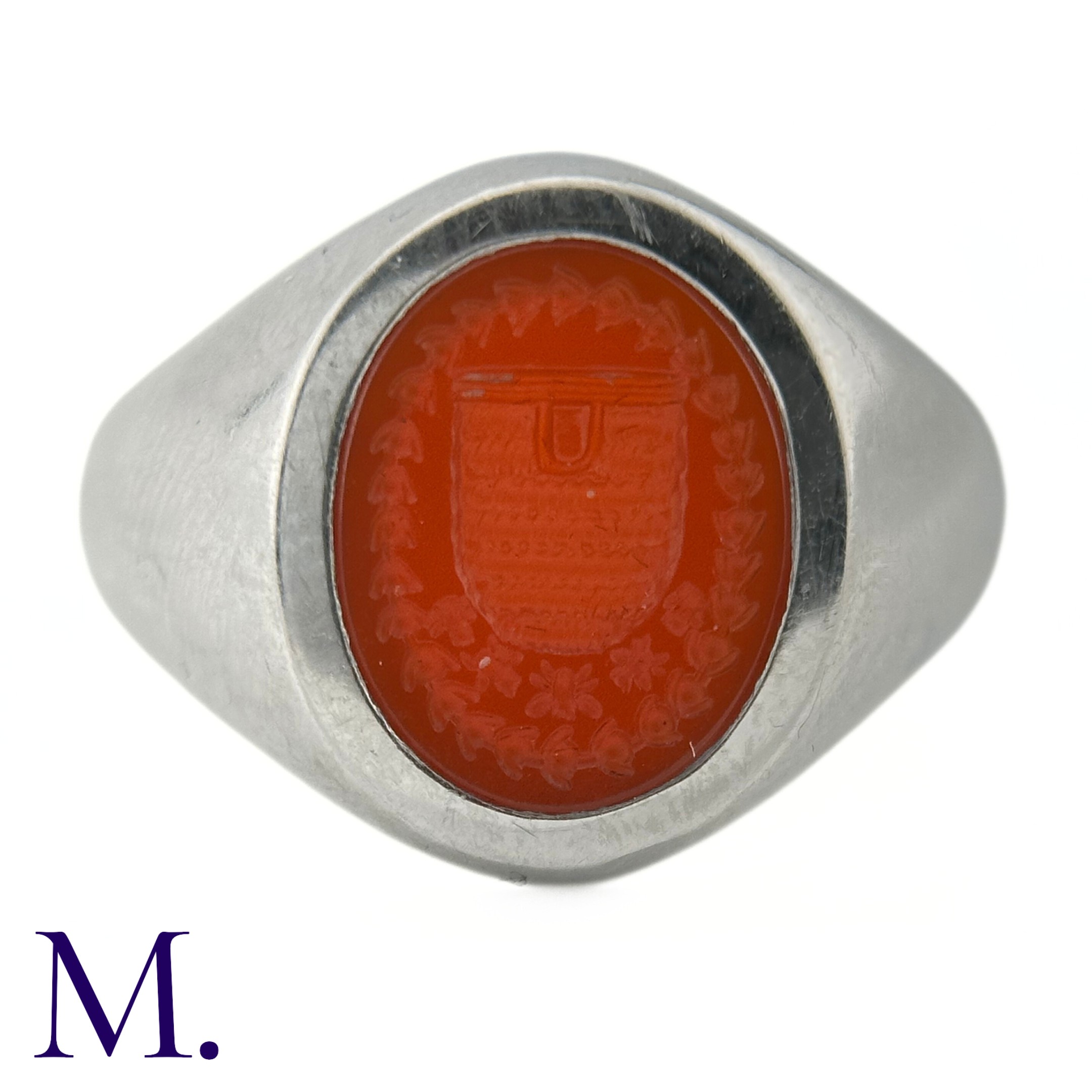 A Platinum and Carnelian Signet Ring The platinum ring is set with a carved oval-shaped carnelian - Image 2 of 5