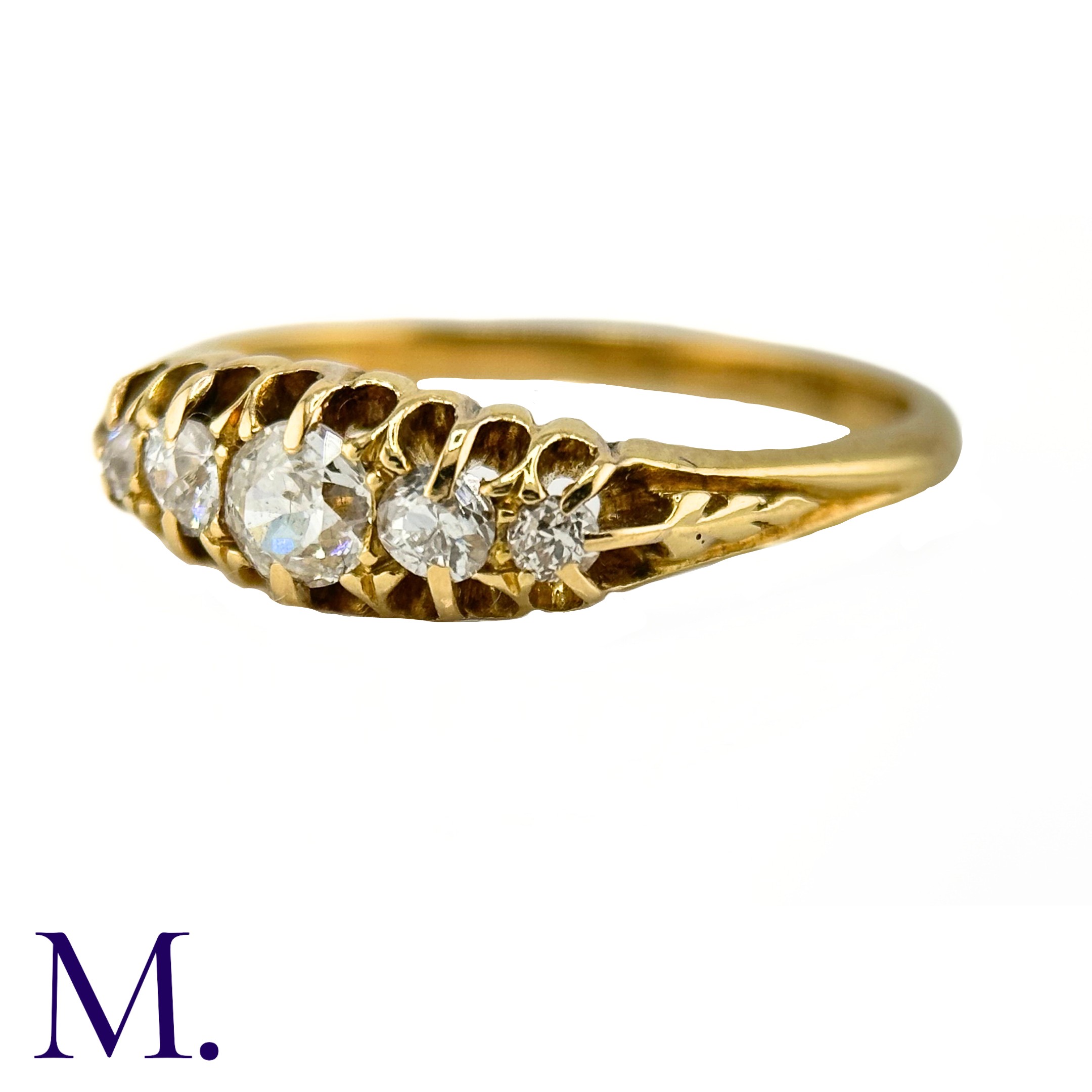 An Antique 5-Stone Diamond Ring The 18ct yellow gold band is set with five bright old cut - Image 4 of 5
