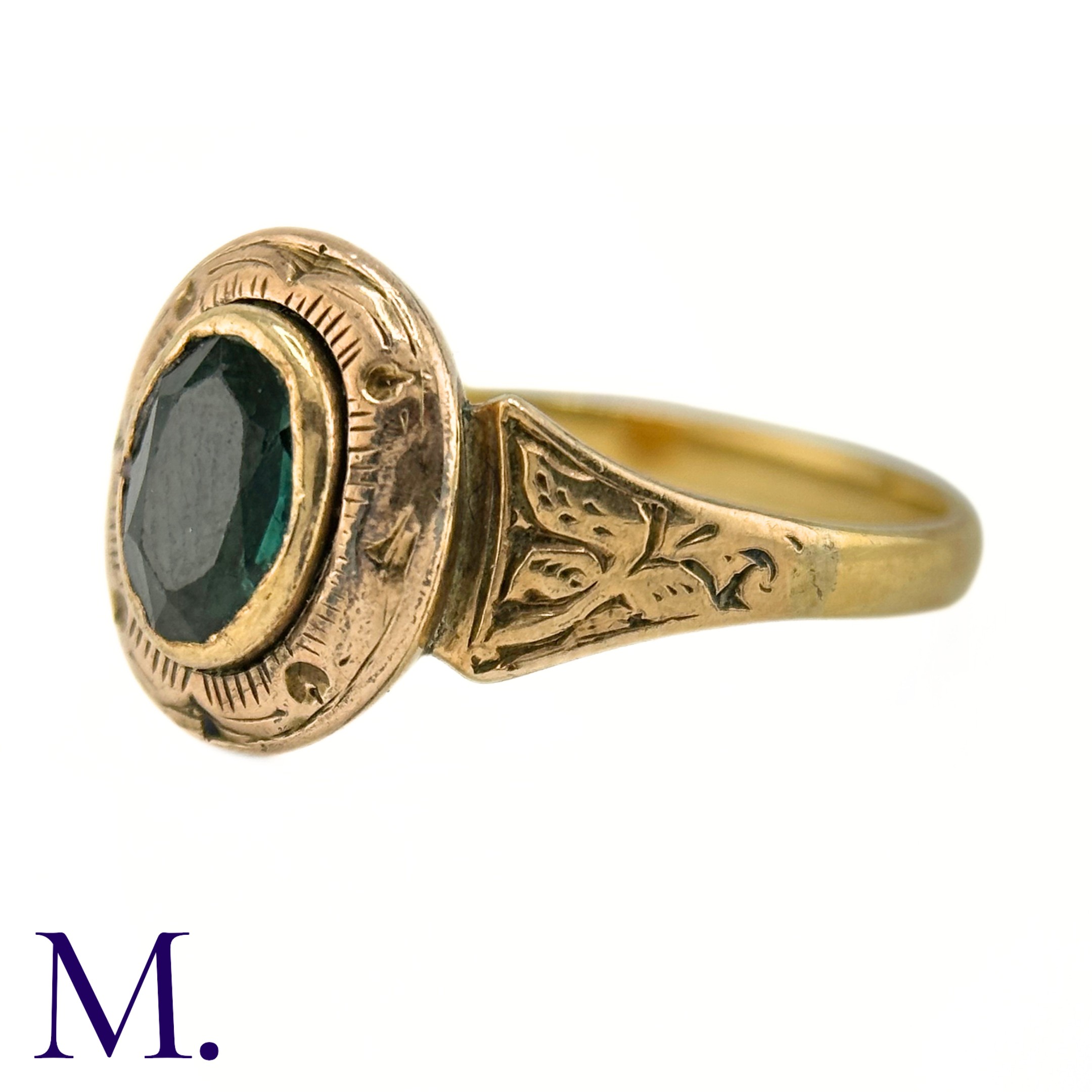 An Antique Green Tourmaline Ring The gold ring is set with an oval green tourmaline and the band and - Image 5 of 6