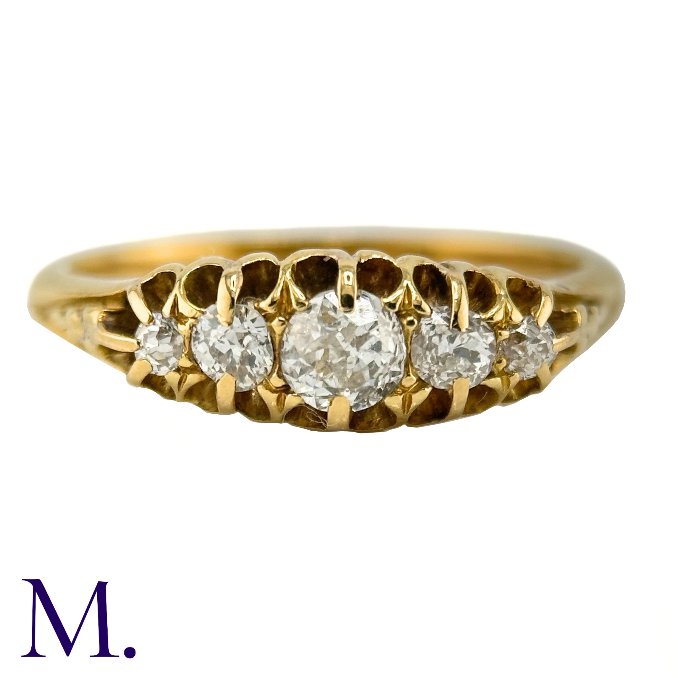 An Antique 5-Stone Diamond Ring The 18ct yellow gold band is set with five bright old cut - Image 2 of 5
