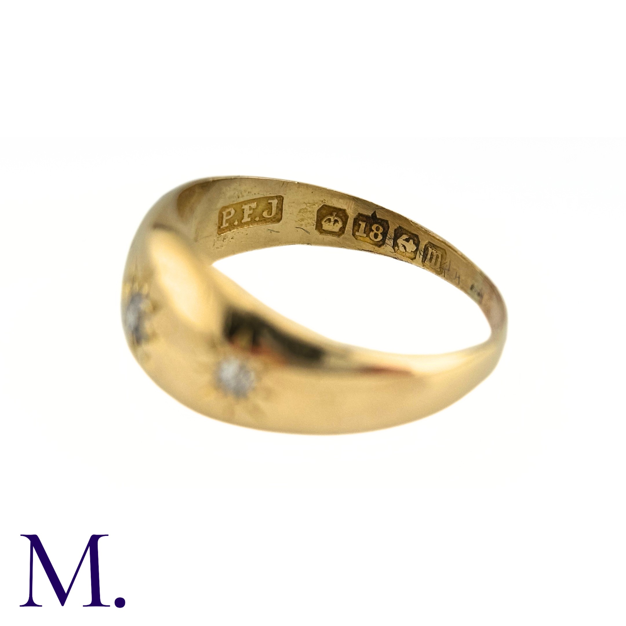 A 3-Stone Diamond Gypsy Ring The 18ct yellow gold band is set with three diamonds amounting to - Image 2 of 5