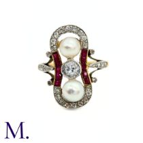 A Pearl, Diamond and Ruby Ring The French 18ct yellow gold ring is set with a 0.20ct diamond to