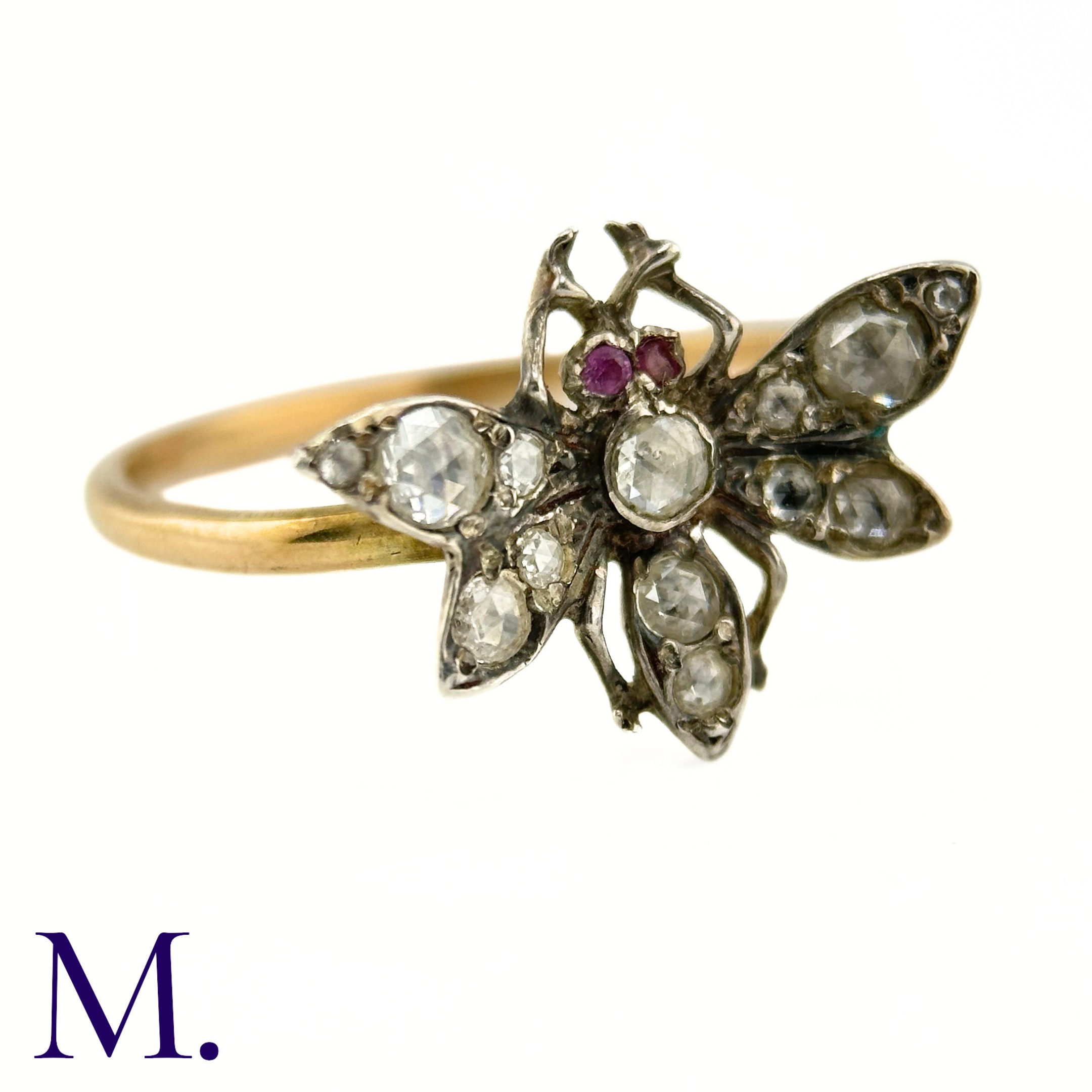 An Antique Diamond Insect Ring The yellow gold band is set with a winged insect set with old cut - Image 4 of 6