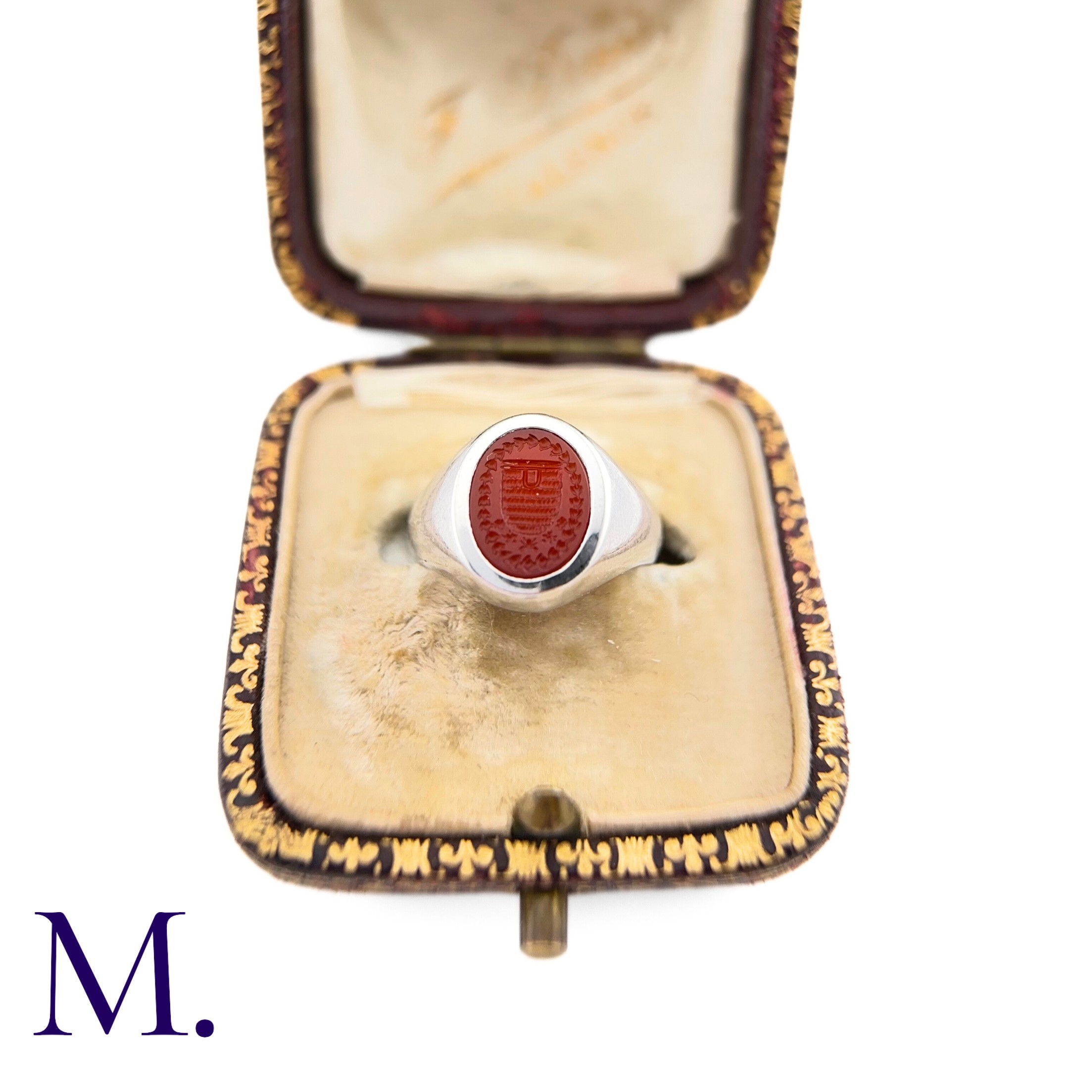 A Platinum and Carnelian Signet Ring The platinum ring is set with a carved oval-shaped carnelian - Image 5 of 5