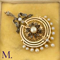 A Diamond and Pearl Pendant The gold pendant is set with several good sized pearls and small rose