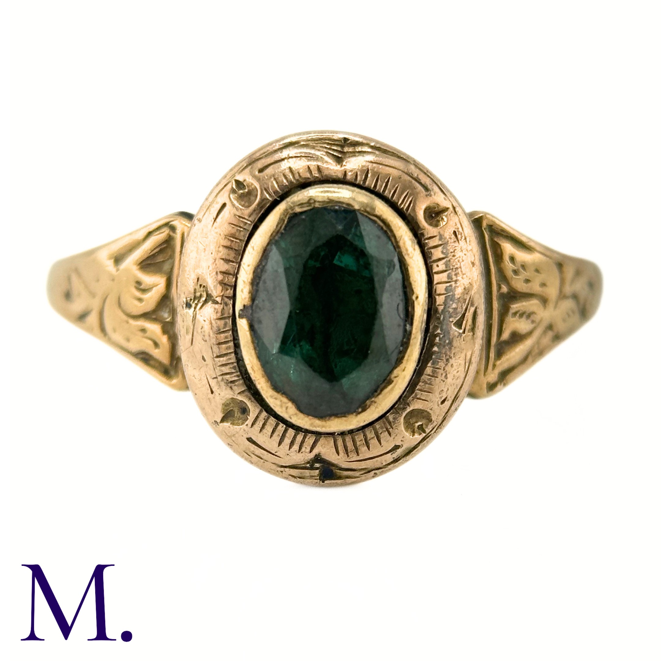 An Antique Green Tourmaline Ring The gold ring is set with an oval green tourmaline and the band and - Image 3 of 6