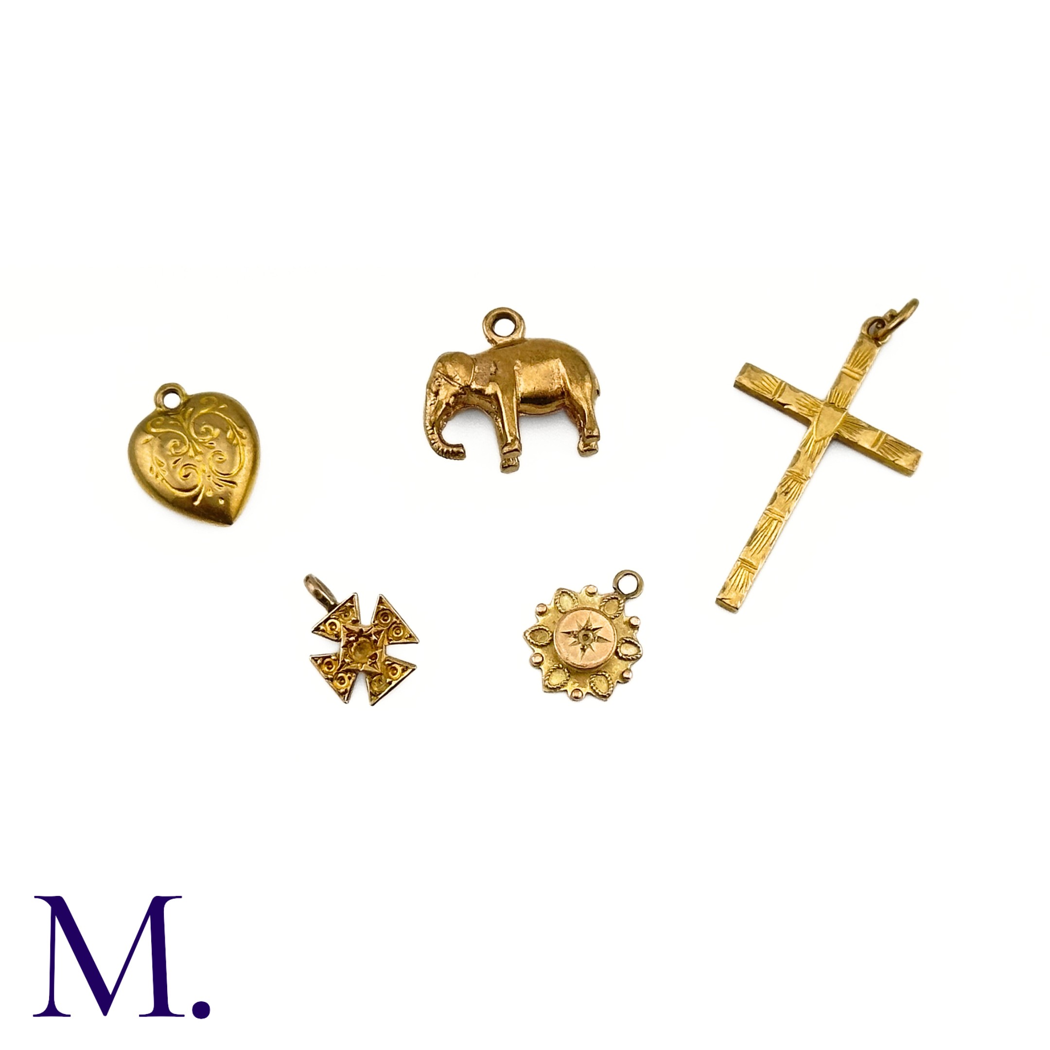 Five 9ct Gold Charms The lot includes various charms including a heart, a cross, an elephant and two - Image 2 of 3