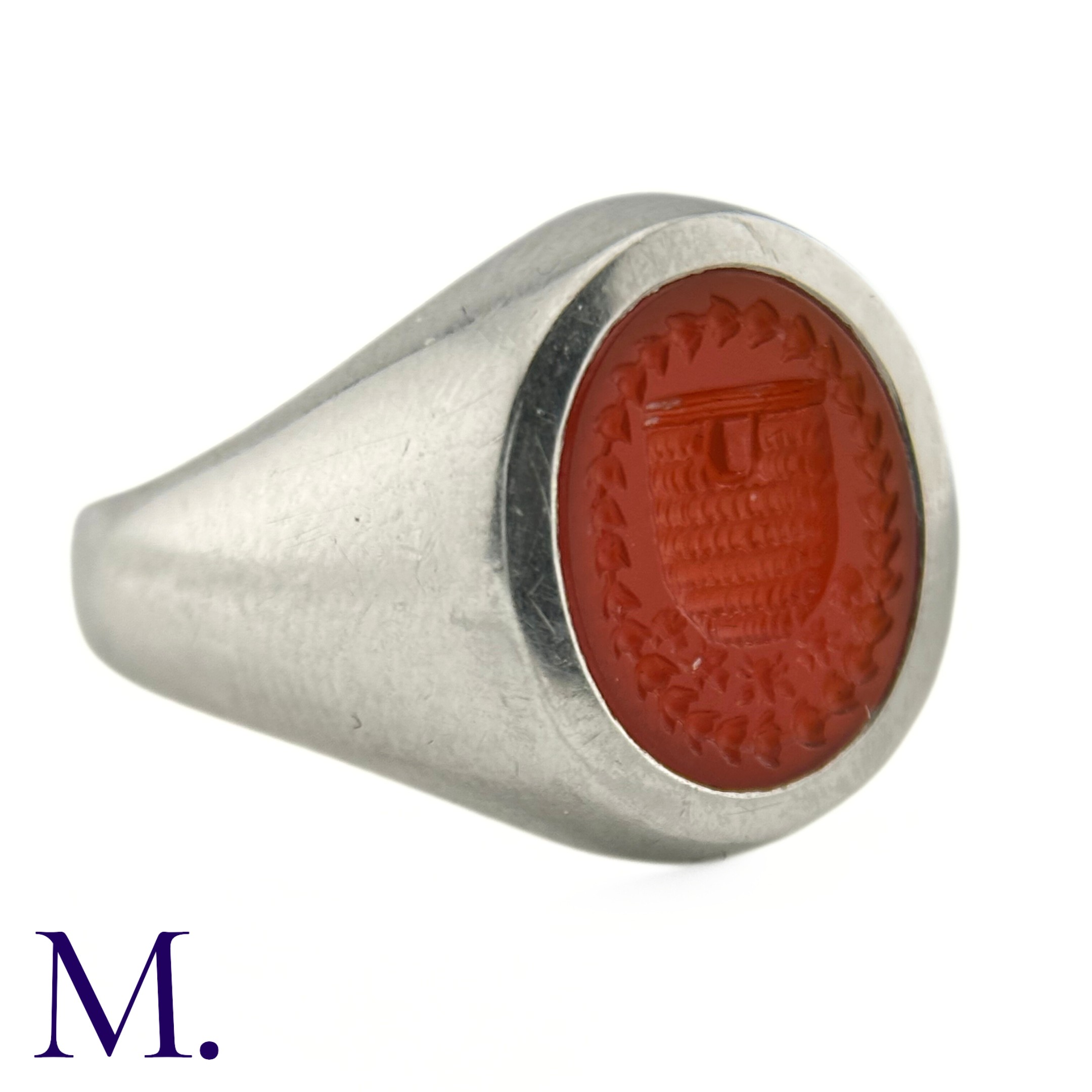 A Platinum and Carnelian Signet Ring The platinum ring is set with a carved oval-shaped carnelian - Image 4 of 5