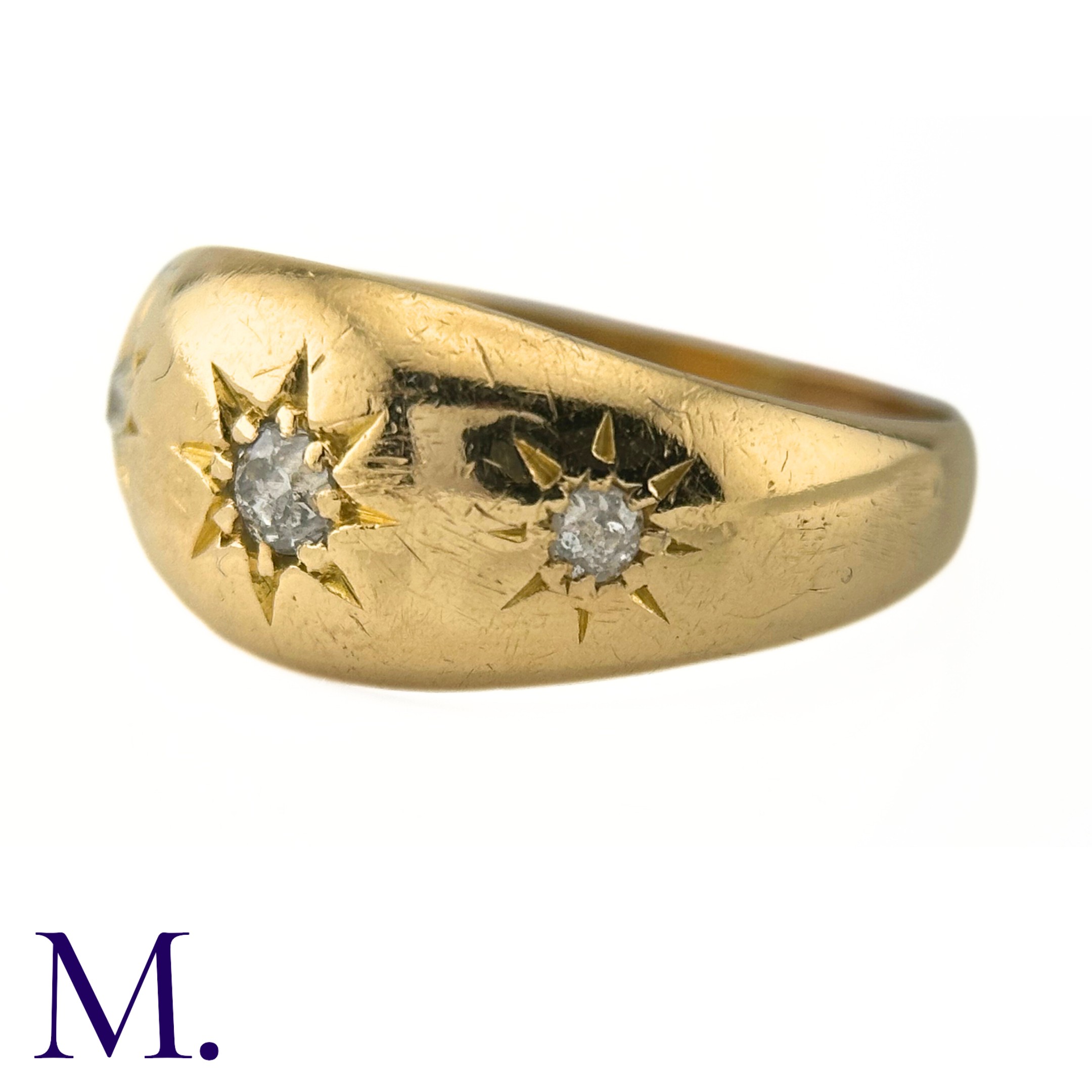 A 3-Stone Diamond Gypsy Ring The 18ct yellow gold band is set with three diamonds amounting to - Image 3 of 5