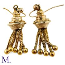 A Pair of Antique Etruscan-Revival Tassel Earrings. The gold tassel earrings of the Victorian period