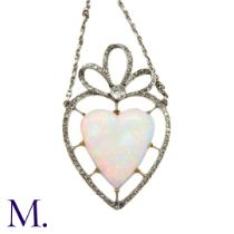 An Antique Opal Heart and Diamond Necklace The fine 18ct white gold necklace suspends a fine heart-