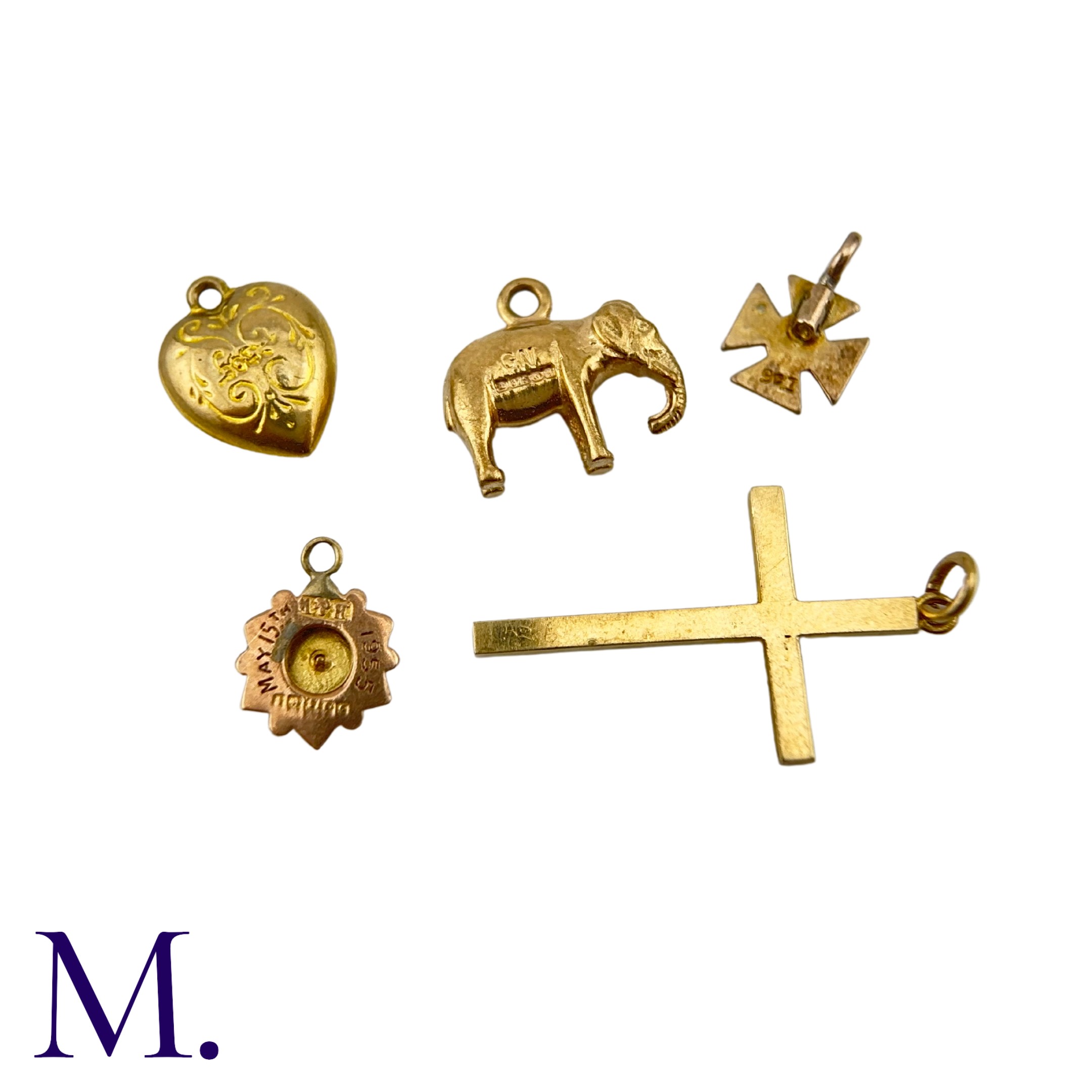 Five 9ct Gold Charms The lot includes various charms including a heart, a cross, an elephant and two - Image 3 of 3