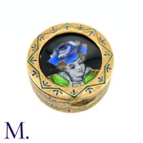 An Antique Gold and Enamel Pill Box The 18ct yellow gold pill box is decorated in enamel design with
