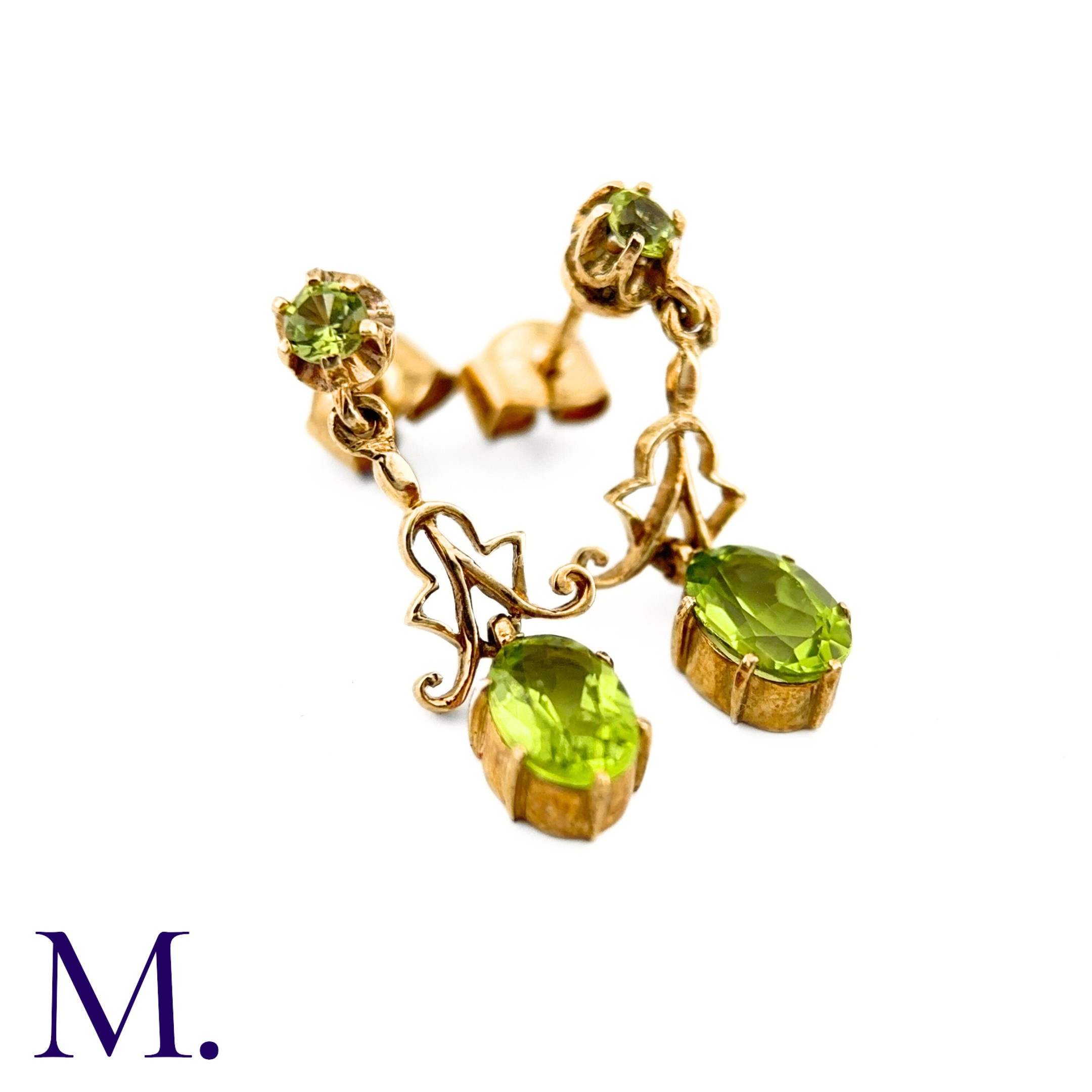 A Pair of Antique Peridot Earrings The peridot earrings are set in 9ct yellow gold. The earrings are - Image 3 of 4