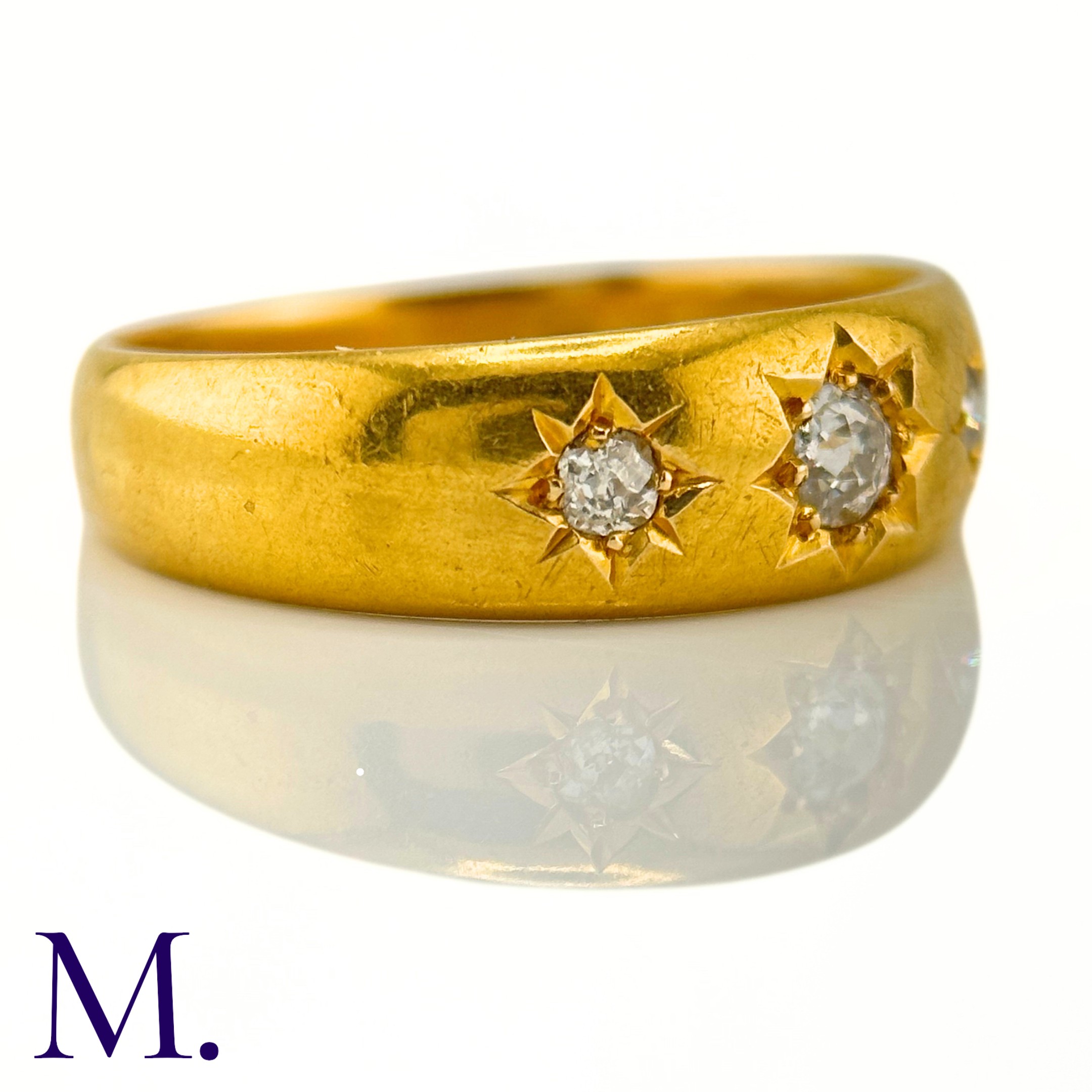 An Antique 3-Stone Diamond Gypsy Ring The 18ct yellow gold gypsy ring is set with three old cut - Image 6 of 8