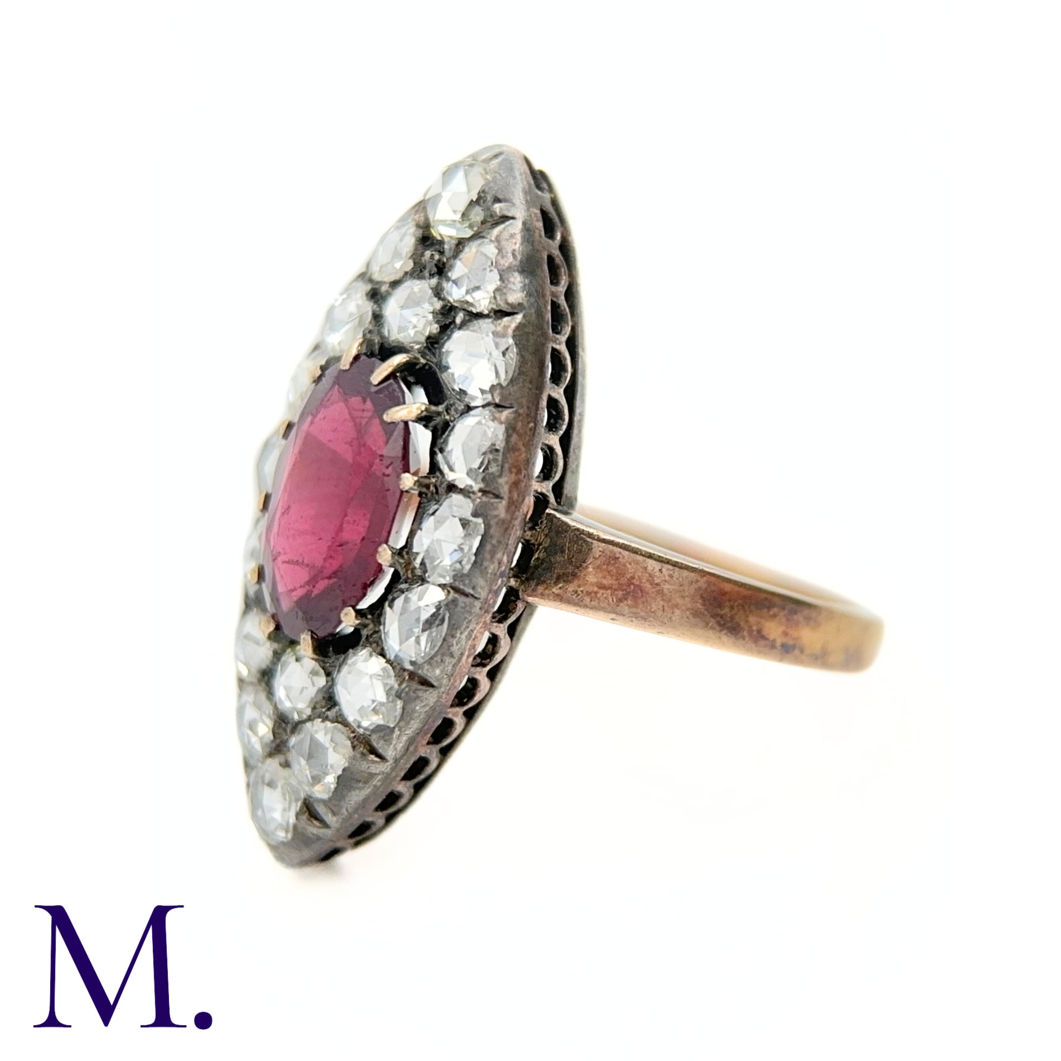 An Antique Garnet and Rose Diamond Marquise Ring The marquise-shaped ring is set with a deep - Image 3 of 3