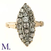 An Antique Diamond Marquise Ring The marquise ring is set with approximately 1.0ct of old cut