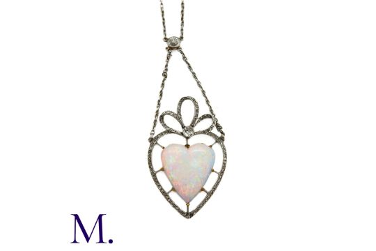 An Antique Opal Heart and Diamond Necklace The fine 18ct white gold necklace suspends a fine heart- - Image 5 of 5