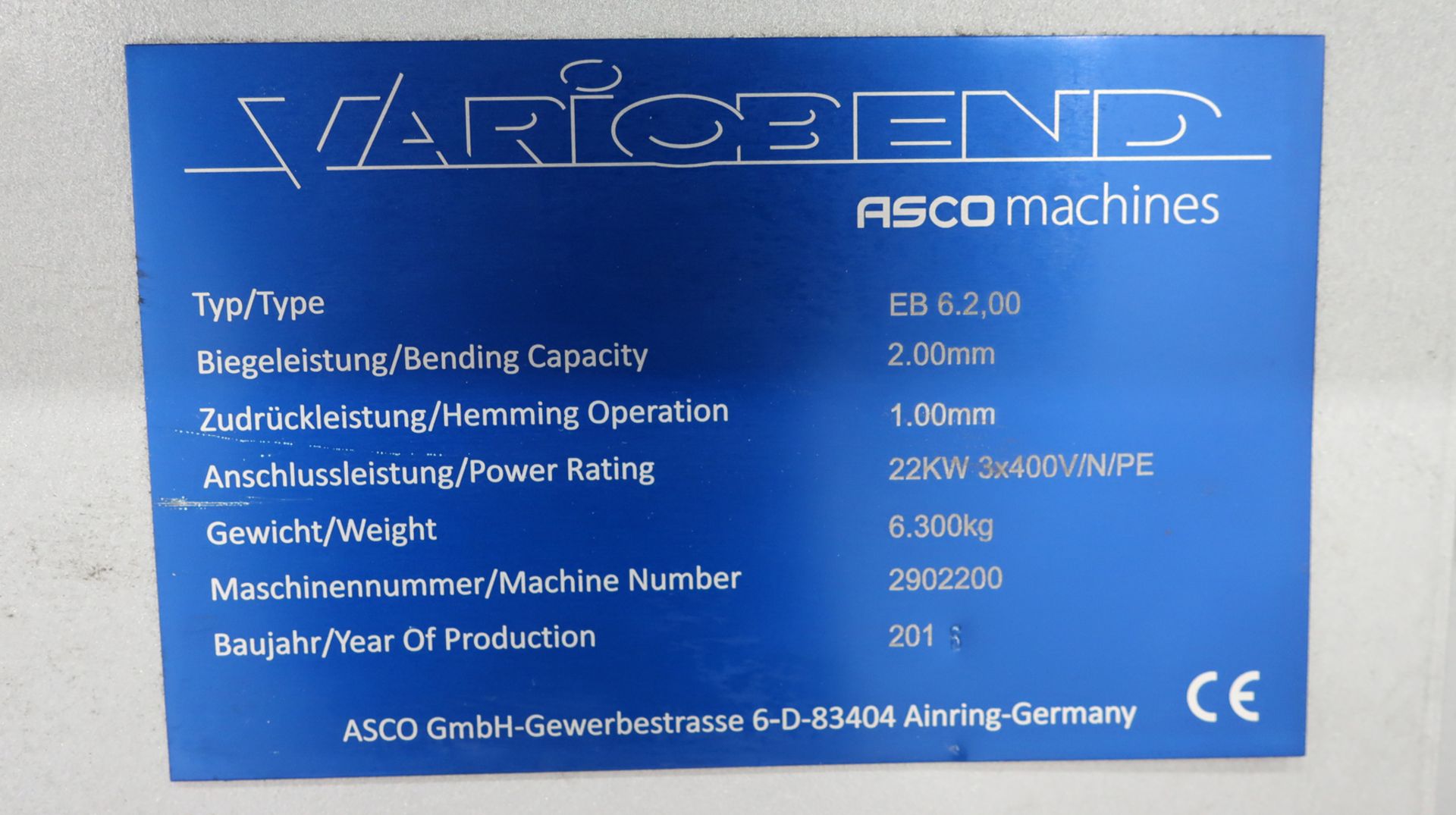 Asco Variobend EB 6.2,00 CE Long Length Hydraulic Bending Machine Serial No 2902200. Y1998 - Image 11 of 14