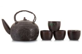 CHINESE CARVED COCONUT TEA/SAKE POT AND FOUR BOWLS2 19TH CENTURY