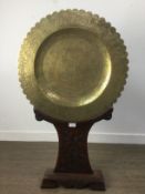 BRASS TRAY ON WOODEN STAND, 20TH CENTURY