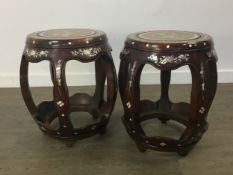 GOOD PAIR OF CHINESE HARDWOOD AND MOTHER OF PEARL BARREL SEATS, LATE QING DYNASTY