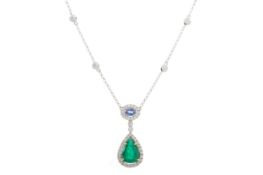 SAPPHIRE, EMERALD AND DIAMOND PENDANT