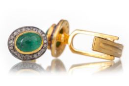 PAIR OF EMERALD AND DIAMOND CUFFLINKS