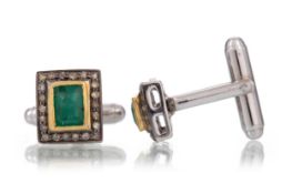 PAIR OF EMERALD AND DIAMOND CUFFLINKS