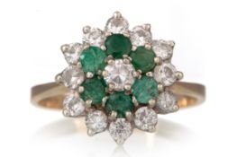 GREEN GEM SET AND CUBIC ZIRCONIA CLUSTER RING,