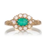 GREEN CUBIC ZIRCONIA AND OPAL RING,