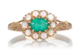 GREEN CUBIC ZIRCONIA AND OPAL RING,