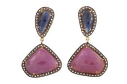 PAIR OF SAPPHIRE, RUBY AND DIAMOND EARRINGS,