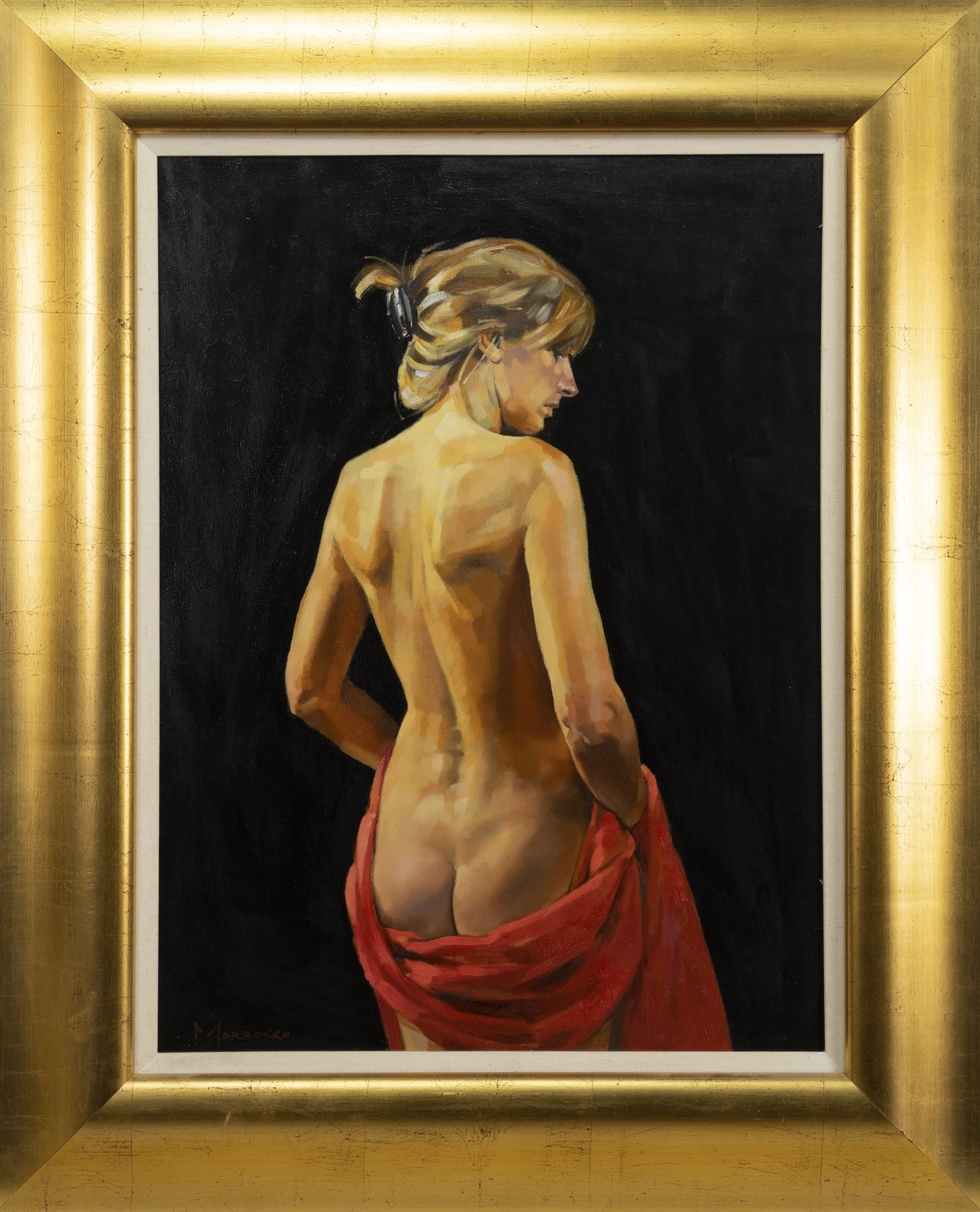 NUDE WITH RED DRAPE, AN OIL BY JACK MORROCCO