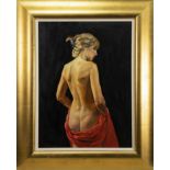 NUDE WITH RED DRAPE, AN OIL BY JACK MORROCCO