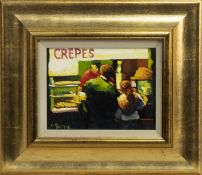 STUDY FOR FIGURES IN THE EVENING 'CREPES' KIOSK, BASTILLE, PARIS, AN OIL BY JOE MCINTYRE